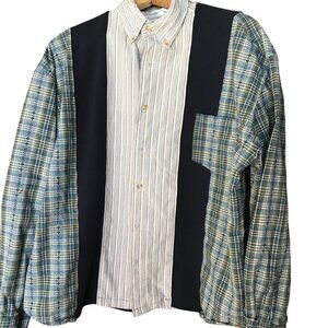 Mixed Prints Button-Down Shirt, Size L to XL: Upcycled Unisex Patchwork Boho Top